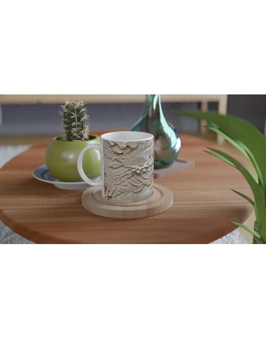 Krem Gül ve Papatya Desenli Kupa Bardak