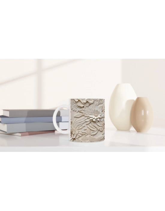 Krem Gül ve Papatya Desenli Kupa Bardak