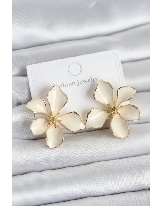 Krem Mineli Çiçek Model Pirinç Kadın Küpe