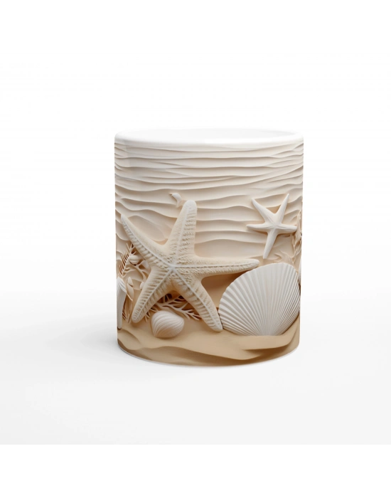 Krem Renkli Deniz Yıldızı ve Kabuk Tasarımlı Su Altı Temalı Kupa Bardak