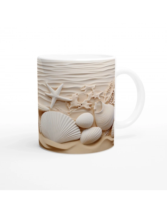 Krem Renkli Deniz Yıldızı ve Kabuk Tasarımlı Su Altı Temalı Kupa Bardak