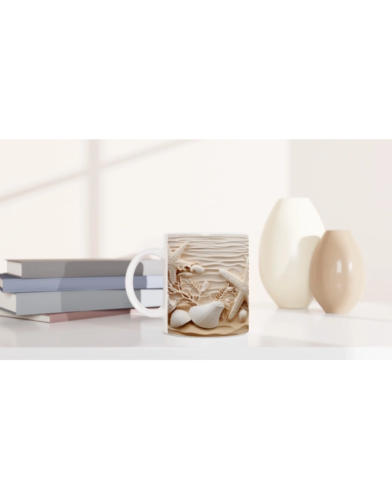 Krem Renkli Deniz Yıldızı ve Kabuk Tasarımlı Su Altı Temalı Kupa Bardak