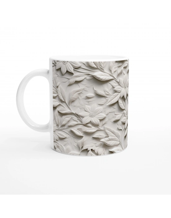 Krem Rölyef Çiçek Desenli Kupa Bardak