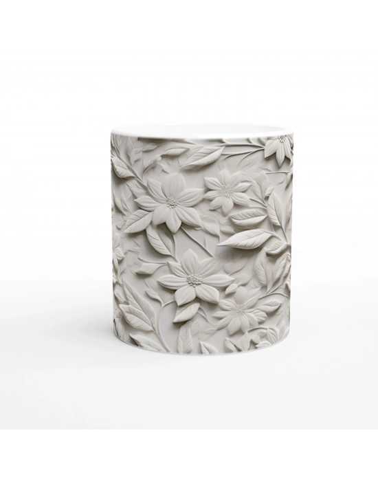 Krem Rölyef Çiçek Desenli Kupa Bardak
