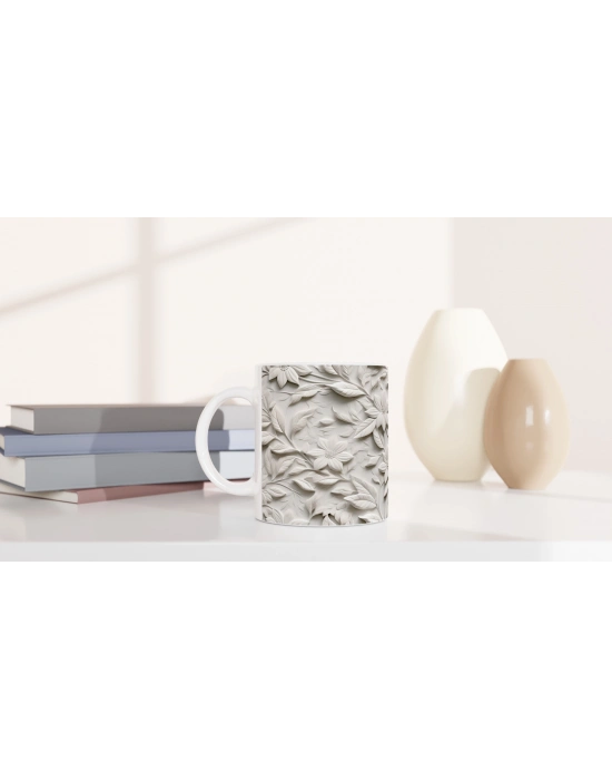 Krem Rölyef Çiçek Desenli Kupa Bardak