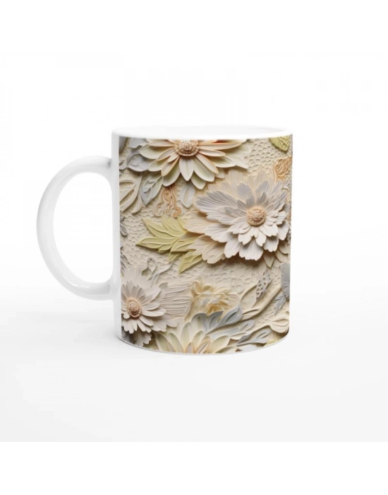 Krem Rölyef Çiçek Dokulu Kupa Bardak