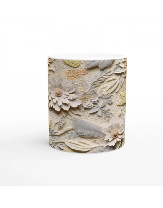 Krem Rölyef Çiçek Dokulu Kupa Bardak
