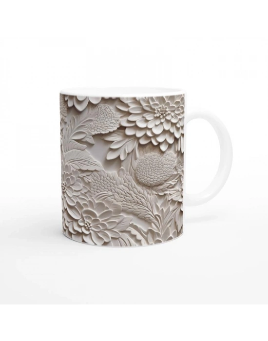 Krem Rölyef Çiçek Dokulu Kupa Bardak-2