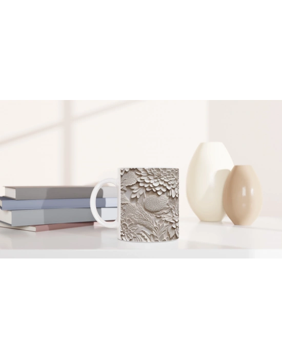 Krem Rölyef Çiçek Dokulu Kupa Bardak-2