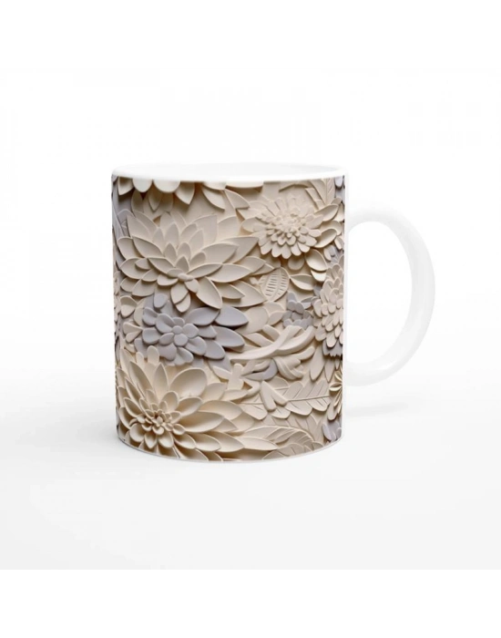 Krem Rölyef Çiçek Harmanı Kupa Bardak