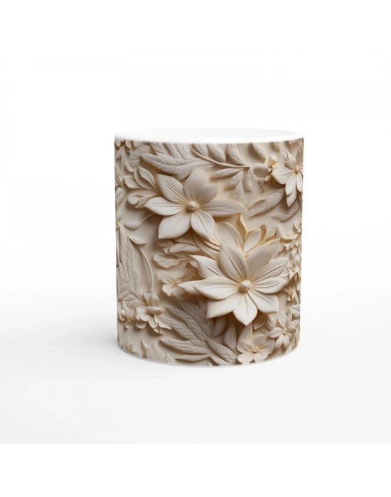 Krem Rölyef Doku Çiçek Desenli Kupa Bardak
