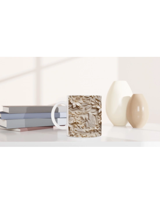 Krem Rölyef Doku Çiçek Desenli Kupa Bardak