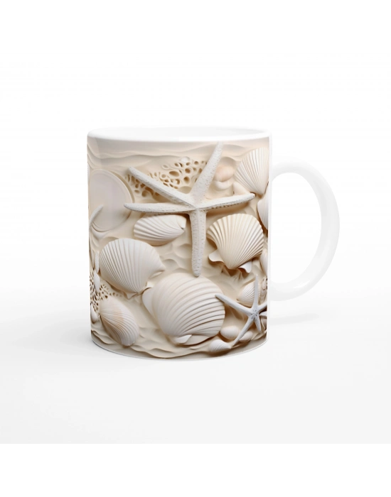 Krem Tonlarda Kabuk ve Deniz Yıldızlı Su Altı Temalı Kupa Bardak