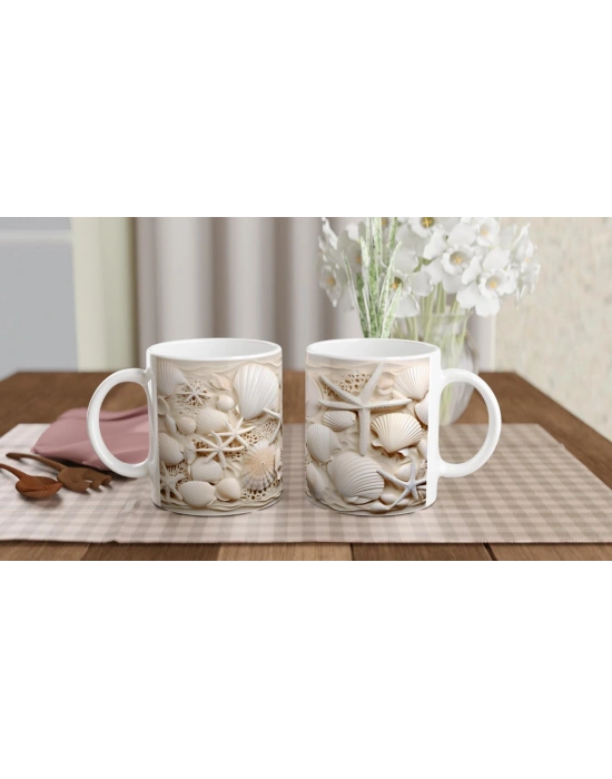 Krem Tonlarda Kabuk ve Deniz Yıldızlı Su Altı Temalı Kupa Bardak