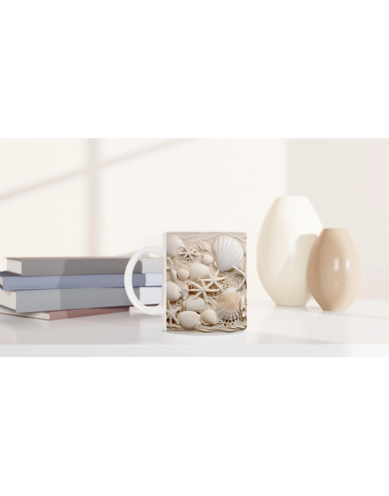 Krem Tonlarda Kabuk ve Deniz Yıldızlı Su Altı Temalı Kupa Bardak