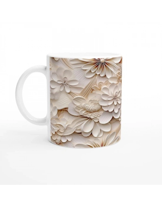 Krem Tonlarda Zarif Çiçekli Kupa Bardak