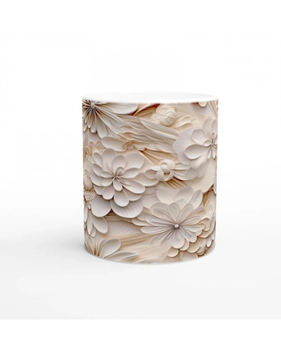 Krem Tonlarda Zarif Çiçekli Kupa Bardak
