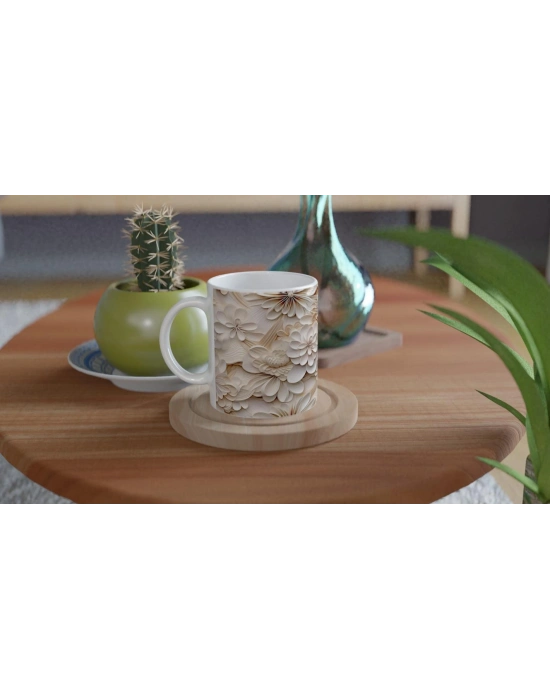 Krem Tonlarda Zarif Çiçekli Kupa Bardak