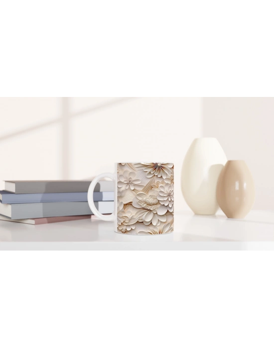 Krem Tonlarda Zarif Çiçekli Kupa Bardak