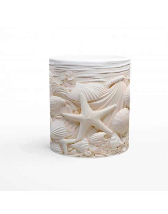Krem Tonlarında Deniz Kabuğu ve Yıldız Desenli Su Altı Temalı Kupa Bardak