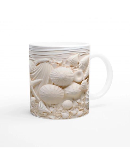 Krem Tonlarında Deniz Kabuğu ve Yıldız Desenli Su Altı Temalı Kupa Bardak