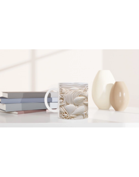 Krem Tonlarında Deniz Kabuğu ve Yıldız Desenli Su Altı Temalı Kupa Bardak