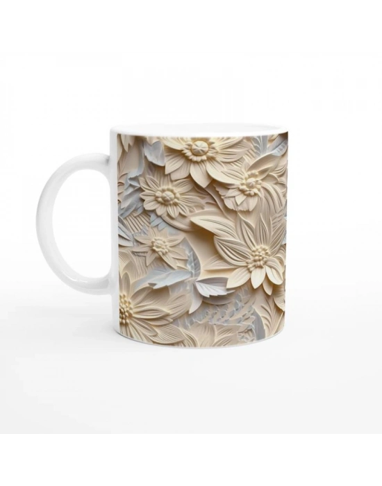 Krem Tonlarında Kabartmalı Yaprak Çiçek Desenli Kupa Bardak