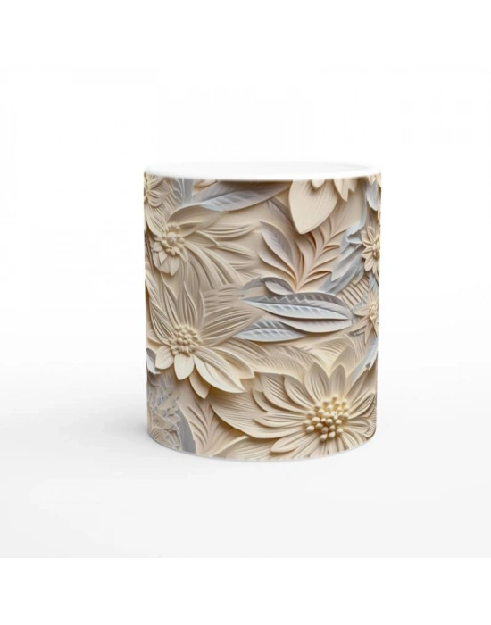 Krem Tonlarında Kabartmalı Yaprak Çiçek Desenli Kupa Bardak