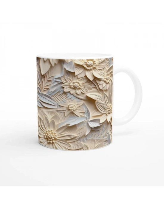 Krem Tonlarında Kabartmalı Yaprak Çiçek Desenli Kupa Bardak