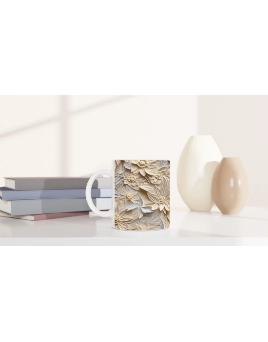 Krem Tonlarında Kabartmalı Yaprak Çiçek Desenli Kupa Bardak