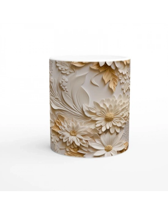 Krem Tonlu Rölyef Çiçek Desenli Kupa Bardak