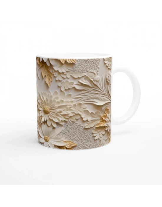 Krem Tonlu Rölyef Çiçek Desenli Kupa Bardak