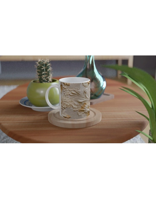 Krem Tonlu Rölyef Çiçek Desenli Kupa Bardak