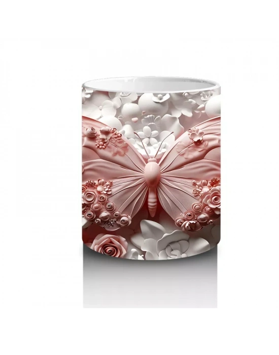 Krem ve Gül Tonlarında Çiçekler Üzerinde Şeffaf Kelebek - Baskılı kahve kupası