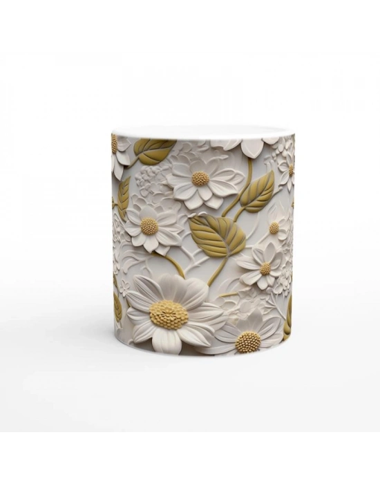 Krem ve Hardal Tonlarında Zarif Çiçek Dokulu Kupa Bardak