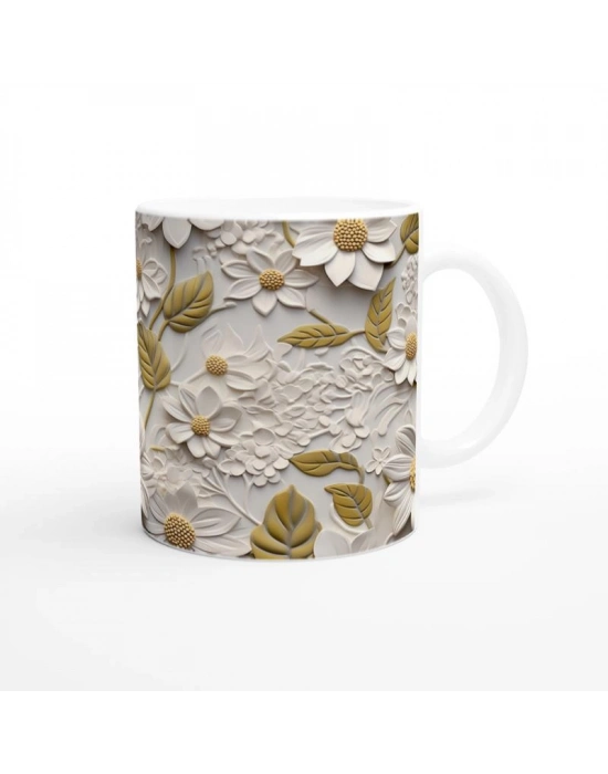 Krem ve Hardal Tonlarında Zarif Çiçek Dokulu Kupa Bardak