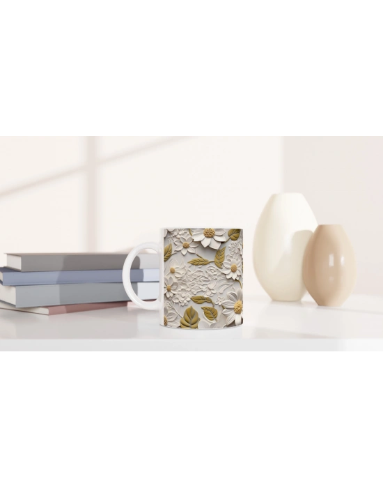 Krem ve Hardal Tonlarında Zarif Çiçek Dokulu Kupa Bardak