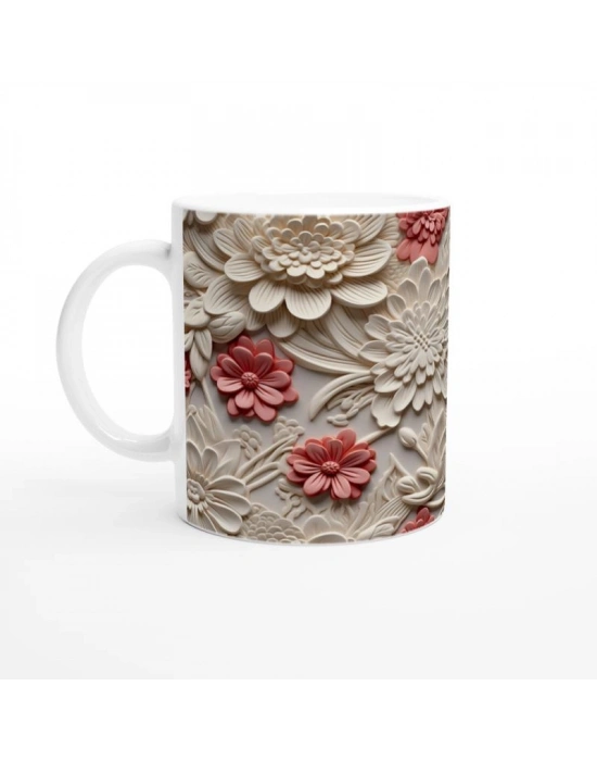 Krem ve Somon Renkli Rölyef Çiçek Desenli Kupa Bardak