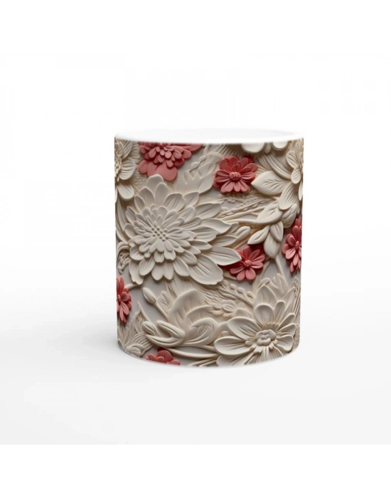 Krem ve Somon Renkli Rölyef Çiçek Desenli Kupa Bardak