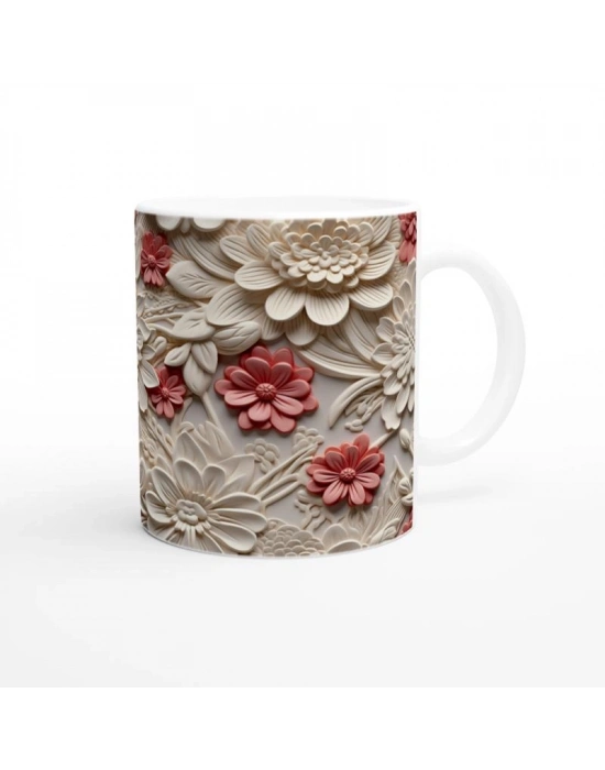 Krem ve Somon Renkli Rölyef Çiçek Desenli Kupa Bardak