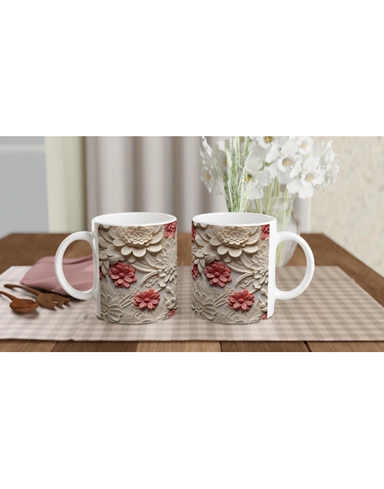 Krem ve Somon Renkli Rölyef Çiçek Desenli Kupa Bardak