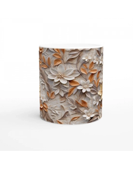 Krem ve Tarçın Tonlarında Rölyef Çiçekli Kupa Bardak
