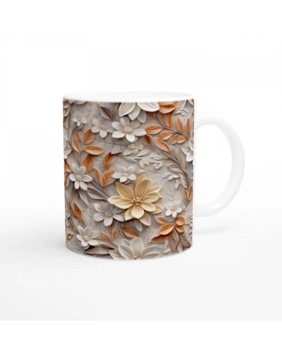 Krem ve Tarçın Tonlarında Rölyef Çiçekli Kupa Bardak