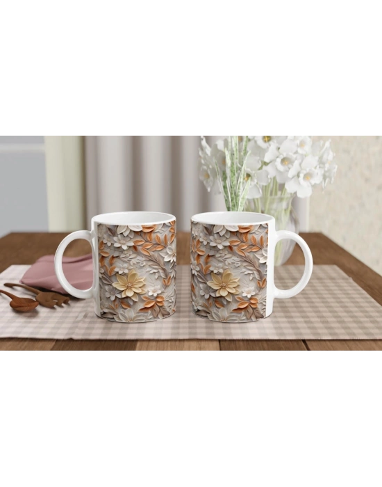 Krem ve Tarçın Tonlarında Rölyef Çiçekli Kupa Bardak