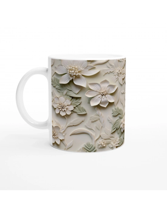 Krem ve Yeşil Rölyef Çiçek Desenli Kupa Bardak