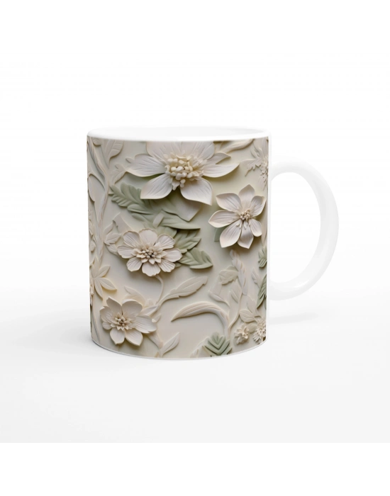 Krem ve Yeşil Rölyef Çiçek Desenli Kupa Bardak