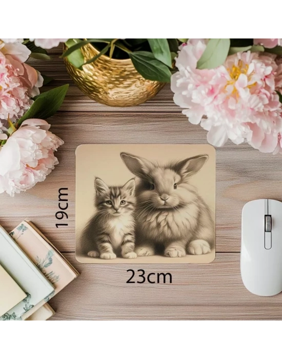 Krem Zemin Üzerine İkili Hayvan Figürü - 19x23 cm 2 mm Dikdörtgen İthal Baskılı Mouse Pad