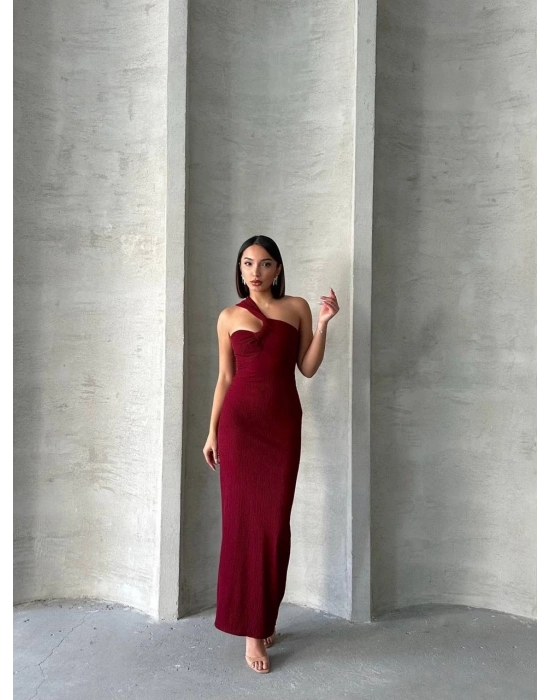 Krinkıl tek omuz uzun elbise bordo s25455