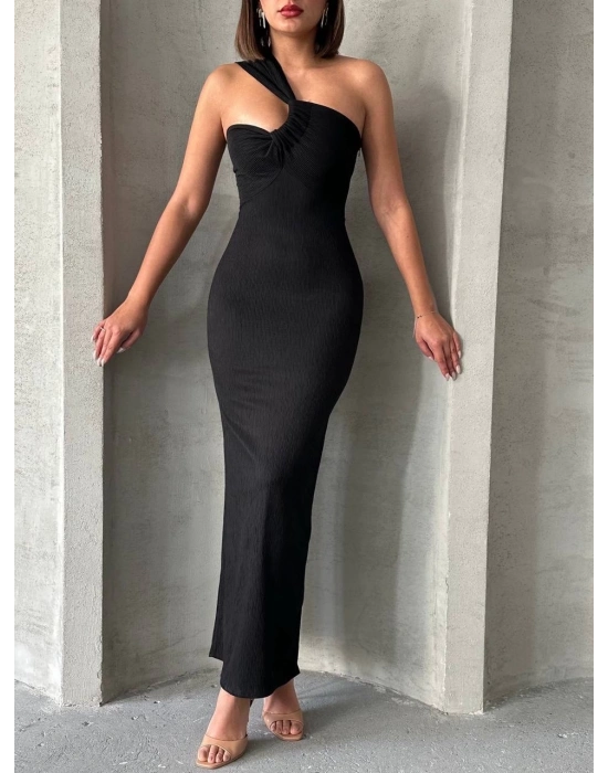 Krinkıl tek omuz uzun elbise siyah s25455