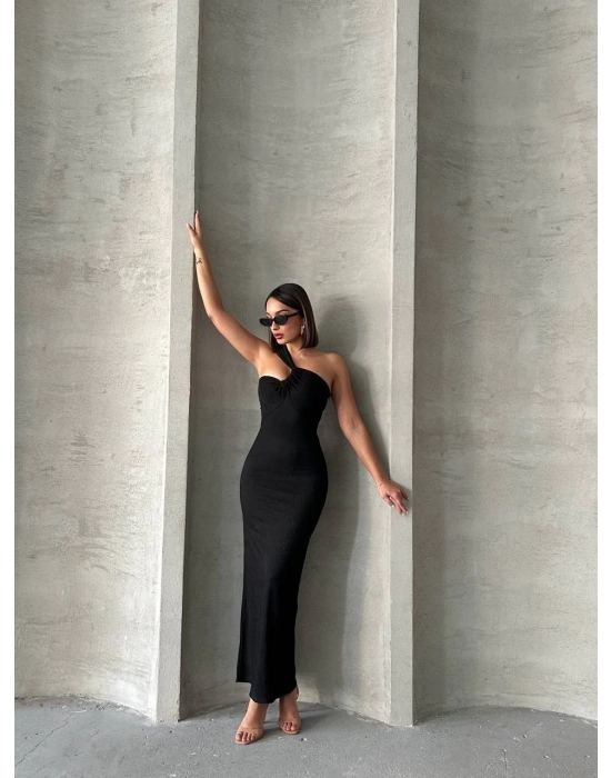 Krinkıl tek omuz uzun elbise siyah s25455